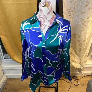 Rachel Zoe Blue & Green Abstract Floral Silky Button Down Blouse Statement Top